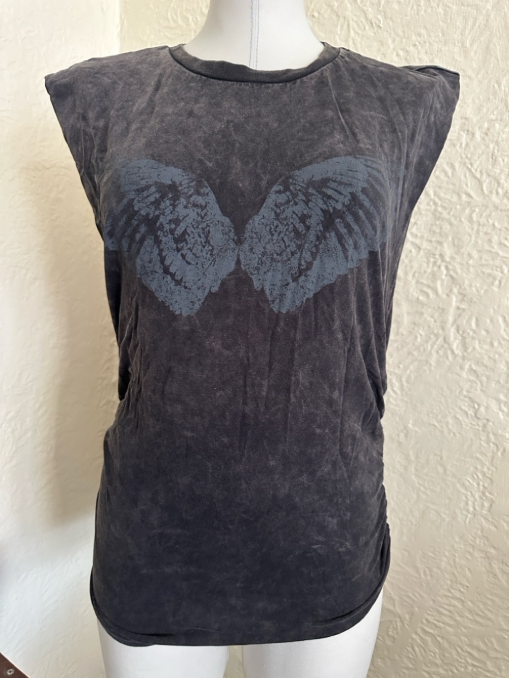 AFRM Billie Side Ruched Sleeveless Angel Wings Faded Black Tank Top Small